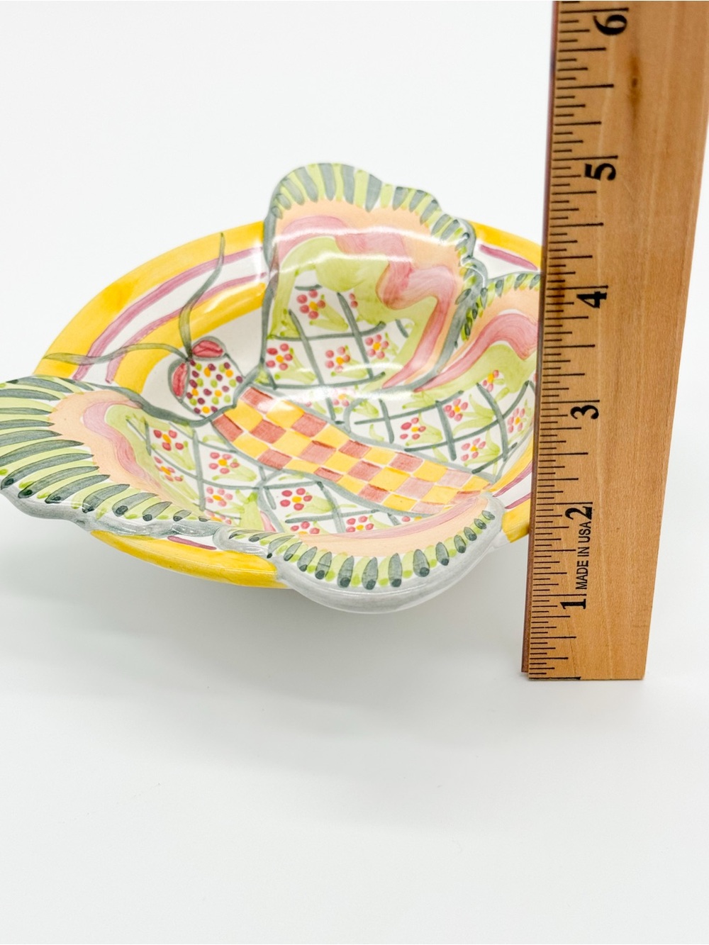 Vintage MacKenzie Childs Butterfly 7.5" Bowl Retired 2003 Yellow Green Check - Picture 9 of 13